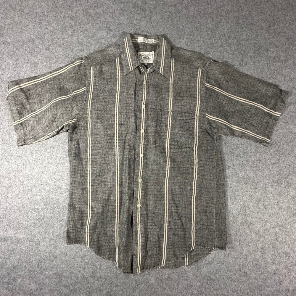 John Ashford Sport Shirt Medium Gray Mens Cotton Linen Ramie Striped